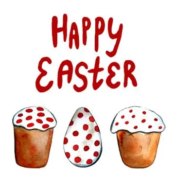 Easter cake, eggs and willow twigs painted watercolor. Bright cute hand drawn Illustrazione stock