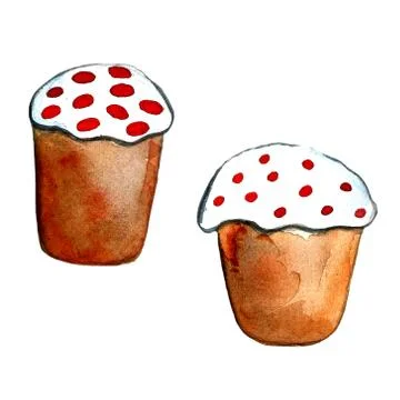 Easter cake, eggs and willow twigs painted watercolor. Bright cute hand drawn Illustrazione stock