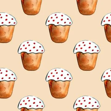 Easter cake, eggs and willow twigs painted watercolor. Bright cute hand drawn Illustrazione stock