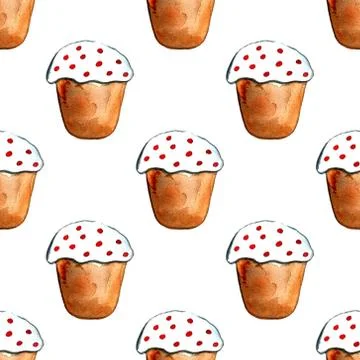 Easter cake, eggs and willow twigs painted watercolor. Bright cute hand drawn Illustrazione stock