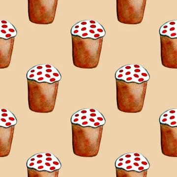 Easter cake, eggs and willow twigs painted watercolor. Bright cute hand drawn Illustrazione stock