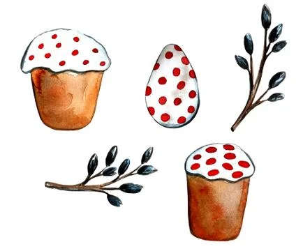 Easter cake, eggs and willow twigs painted watercolor. Bright cute hand drawn Stock Illustration