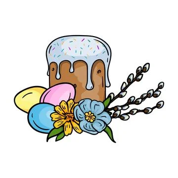 Easter cake, eggs, flowers and willow branches Stock Illustration