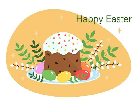 Easter cake, eggs, green leaves, willow twigs 스톡 일러스트