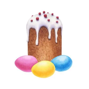 Easter cake with eggs. Happy Easter card. Hand drawn watercolor illustration Stock Illustration