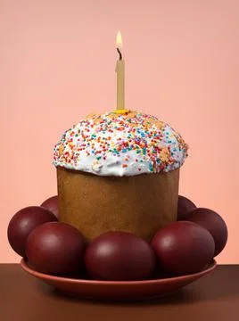 Easter cake with eggs on a plate Stock Photos