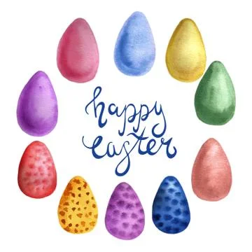 Easter cake, eggs, rabbits and willow twigs painted watercolor. Bright cute h Illustrazione stock