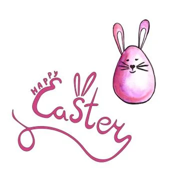 Easter cake, eggs, rabbits and willow twigs painted watercolor. Bright cute h 스톡 일러스트
