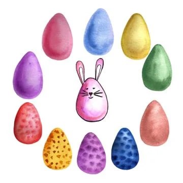 Easter cake, eggs, rabbits and willow twigs painted watercolor. Bright cute h 스톡 일러스트