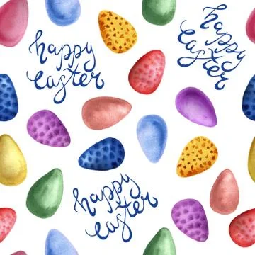 Easter cake, eggs, rabbits and willow twigs painted watercolor seamless patte Stock Illustration