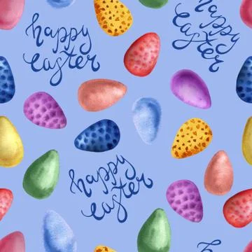 Easter cake, eggs, rabbits and willow twigs painted watercolor seamless patte 스톡 일러스트