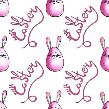 Easter cake, eggs, rabbits and willow twigs painted watercolor seamless patte Illustrazione stock