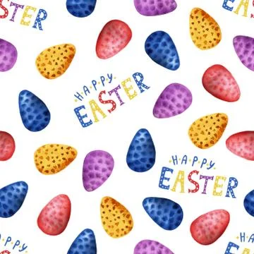 Easter cake, eggs, rabbits and willow twigs painted watercolor seamless patte Stock Illustration