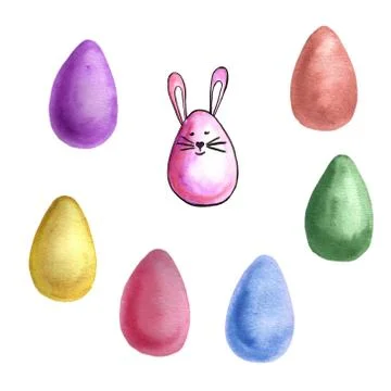 Easter cake, eggs, rabbits and willow twigs painted watercolor. Bright cute h Illustrazione stock