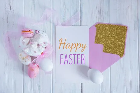 Easter cake, eggs top view. Greeting card for Easter. Postcard for mailing and Stock Photos