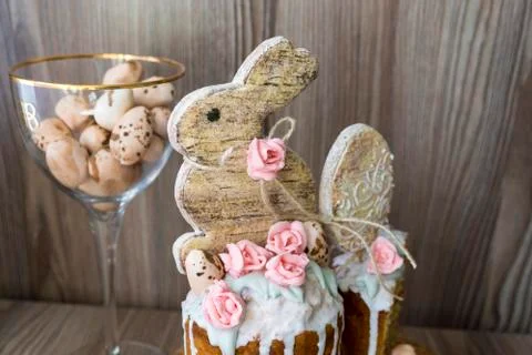 Easter cake. Gingerbread in the form of chicken and rabbit. Stock Photos