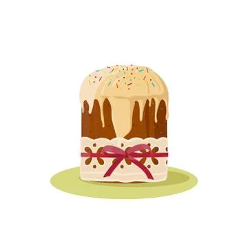 Easter cake with icing topping and colored decorations on white background. Illustrazione stock