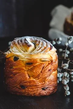 Easter cake kranch with icing sugar on a dark background and with willow flow Stock Photos