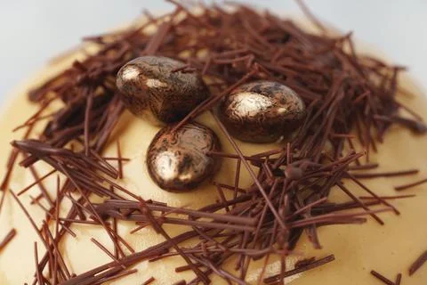 Easter cake with nest decor on gray background Stock Photos