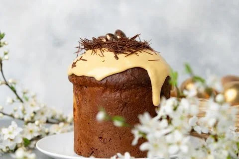 Easter cake with nest decor on gray background Stock Photos