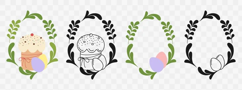 Easter Cake with Painted Eggs and Abstract Leaves Eggs Shape Frame Inks and Stock Illustration