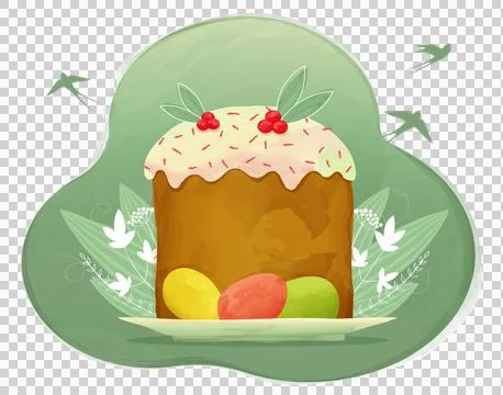 Easter cake with painted eggs, branches in the background, and birds Stock Illustration