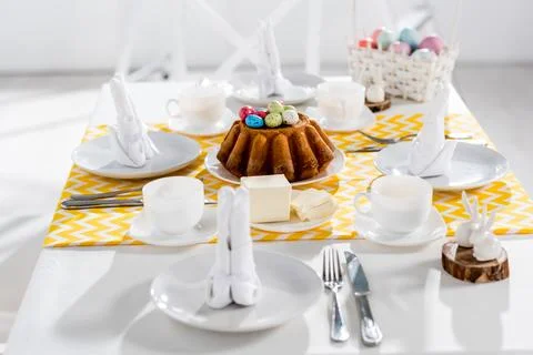 Easter cake painted eggs crockery Stock Photos