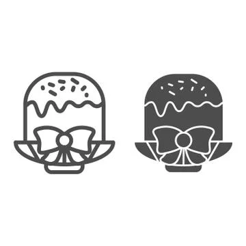 Easter cake on plate with bow line and solid icon. Traditional Paschal dessert Stock Illustration