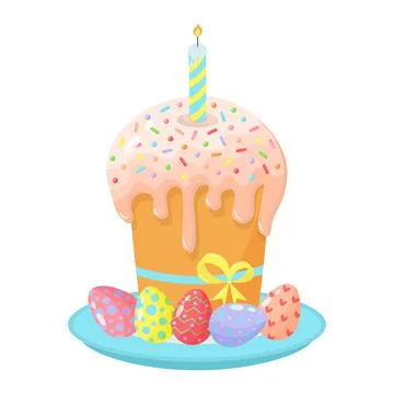 Easter cake on a plate with a candle and colorful eggs. Happy Easter symbol w Stock Illustration