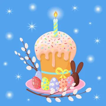 Easter cake on a plate with a candle, painted eggs, willow and chocolate bunn Stock Illustration