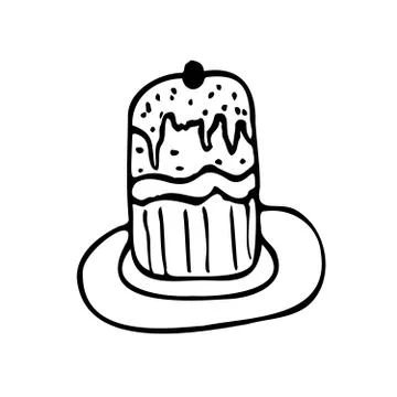 Easter cake on a plate. Hand-drawn outline linear icon in doodle style Stock Illustration