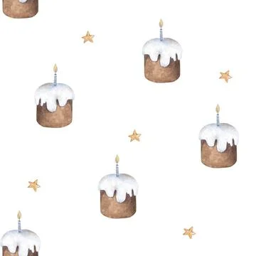 Easter cake seamless pattern. Watercolor tasty cake with stars on white Stock Illustration