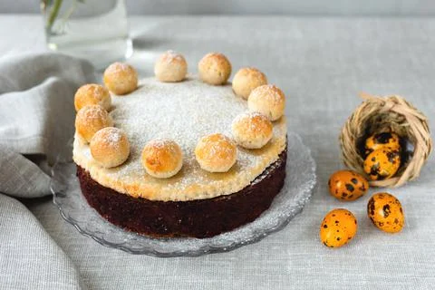 Easter cake simnel for breakfast on a grey background. Stock Photos
