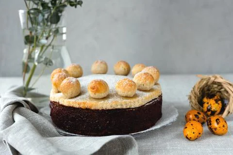 Easter cake simnel for breakfast on a grey background. Stock Photos