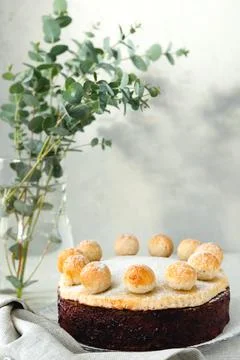 Easter cake simnel for breakfast on a grey background. Stock Photos
