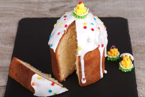 Easter cake on a slate stand Stock Photos