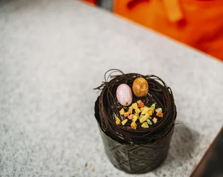 Easter cake on the table with eggs decoration horizontal Stock Photos