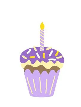 Easter cake with violet glaze, sprinkle, candle. Colorful cupcake. Flat Illustrazione stock