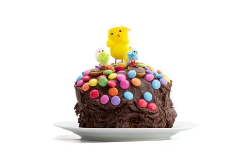 Easter cake on white background. Fun kids chocolate cake. Foto stock