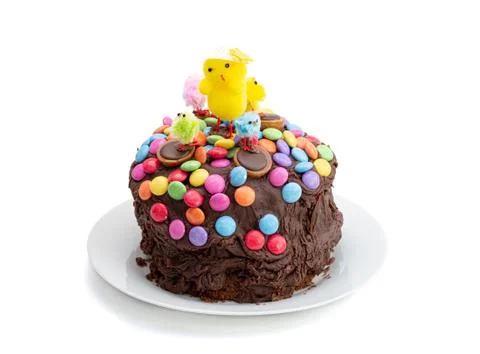 Easter cake on white background. Fun kids chocolate cake. Foto stock