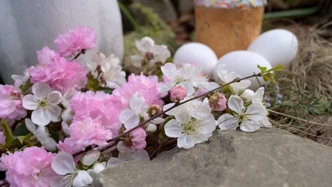 Easter cake, white eggs lie in nest straw. Concept Christian holiday Holy Easter Video stock 129179452