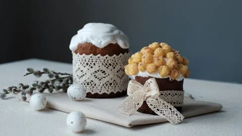 Easter cake with willow branches and eggs on a white background Stock Footage 153242550