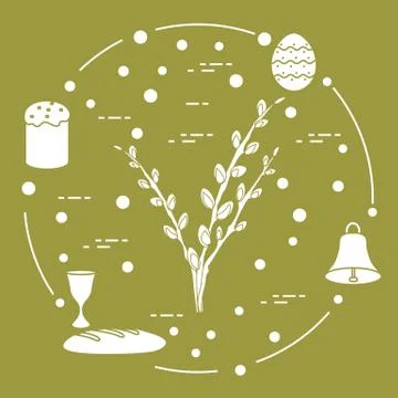 Easter cake, willow branches, bell, bowl, egg. Illustrazione stock