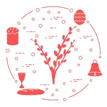 Easter cake, willow branches, bell, bowl, egg. Illustrazione stock
