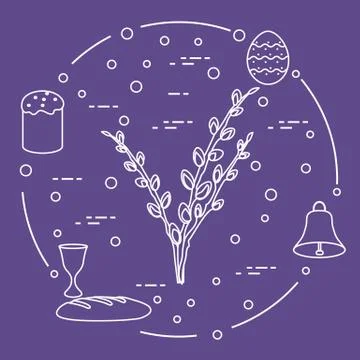 Easter cake, willow branches, bell, bowl, egg. Illustrazione stock