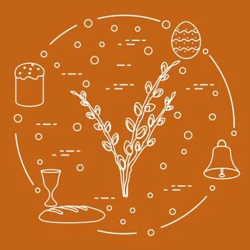 Easter cake, willow branches, bell, bowl, egg. Illustrazione stock