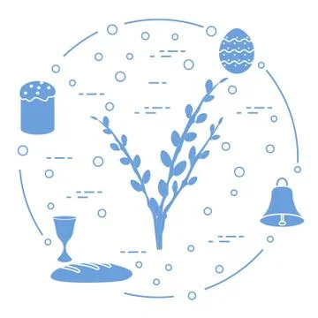 Easter cake, willow branches, bell, bowl, egg. Illustrazione stock