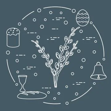 Easter cake, willow branches, bell, bowl, egg. Illustrazione stock