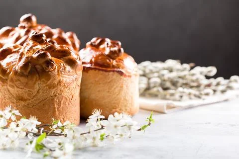 Easter cake with a willow branches 스톡 사진