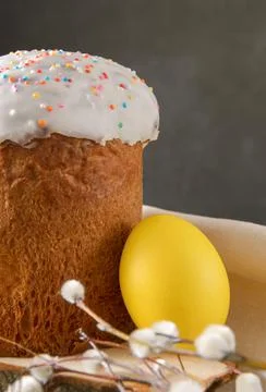 Easter cake with willow twigs and 1 yellow egg on dark background Stock Photos